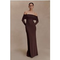 Josie Off Shoulder Mesh Maxi Dress - Dark Brown I MESHKI I Size XXS | MESHKI US