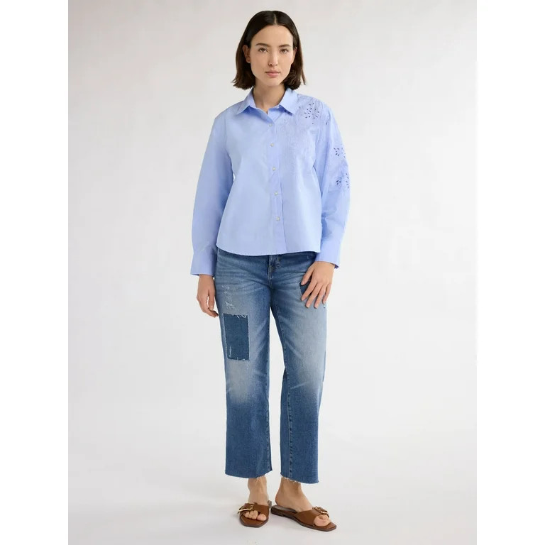 Free Assembly Women’s Button Front Cotton Embroidered Shirt with Long Sleeves, Sizes S-XXXL - W... | Walmart (US)