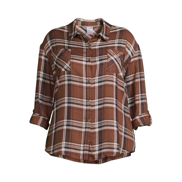 No Boundaries Juniors' Button-Front Plaid Shirt - Walmart.com | Walmart (US)