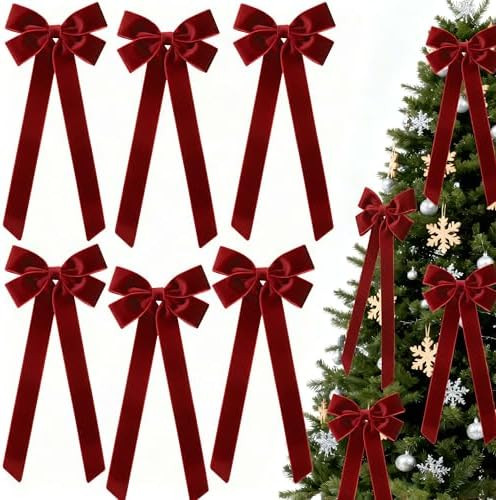6Pcs Large Dark Red Bows Christmas Decorations, Burgundy Velvet Bows for Christmas Tree Outside D... | Amazon (US)