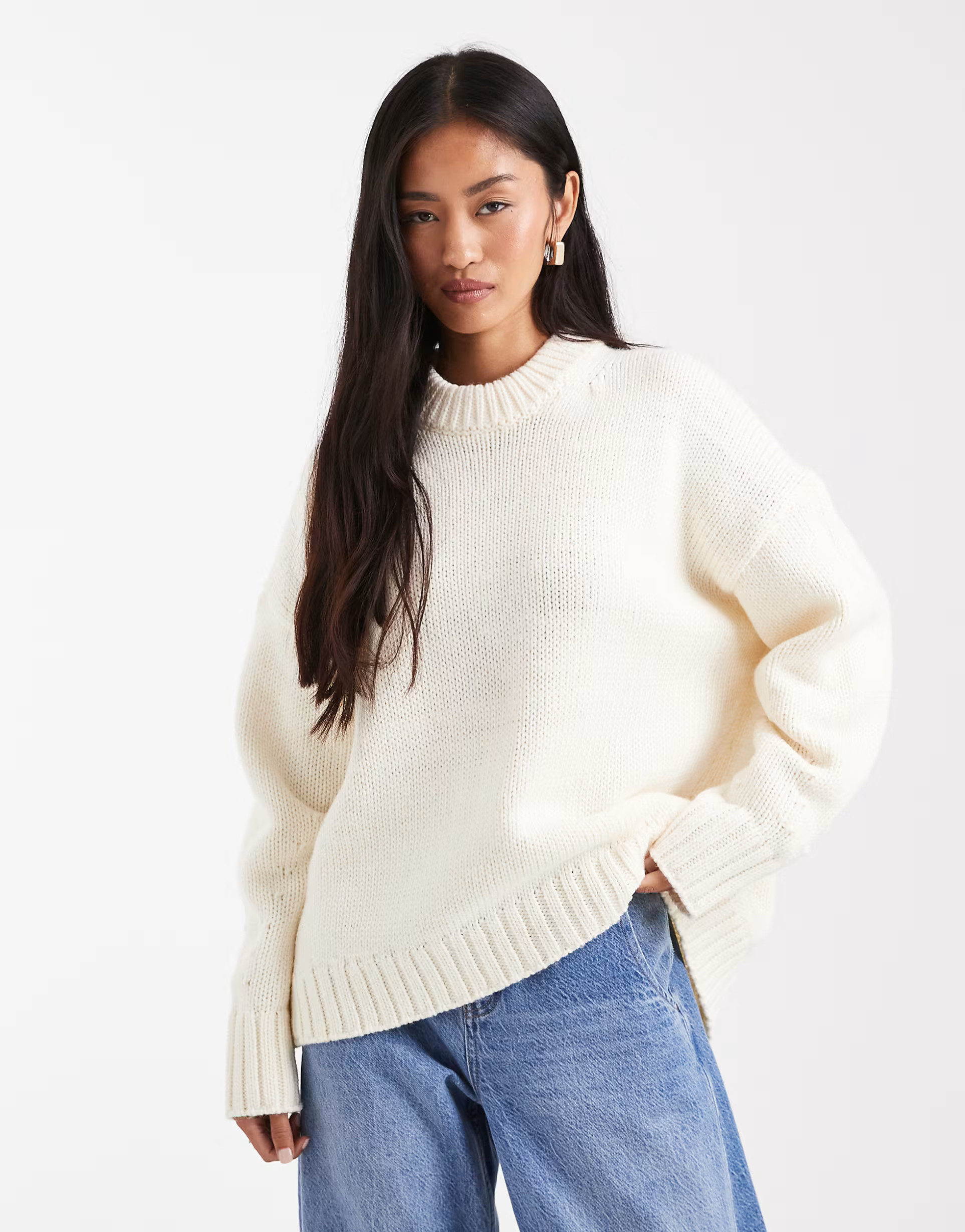 ASOS DESIGN super oversized chunky crew neck jumper with curved hem in cream | ASOS | ASOS (Global)