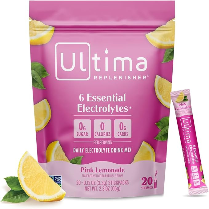 Ultima Replenisher Electrolyte Hydration Powder, Pink Lemonade, 20 Count Stickpacks Pouch - Sugar... | Amazon (US)
