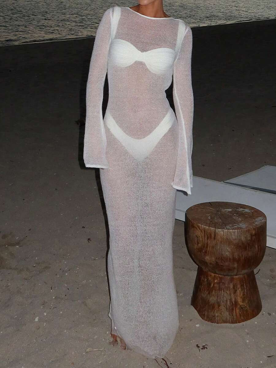 Women Beach Cover Up Solid Color See-Through Long Sleeve Summer Swimsuit Coverup Bathing Suit Cov... | SHEIN