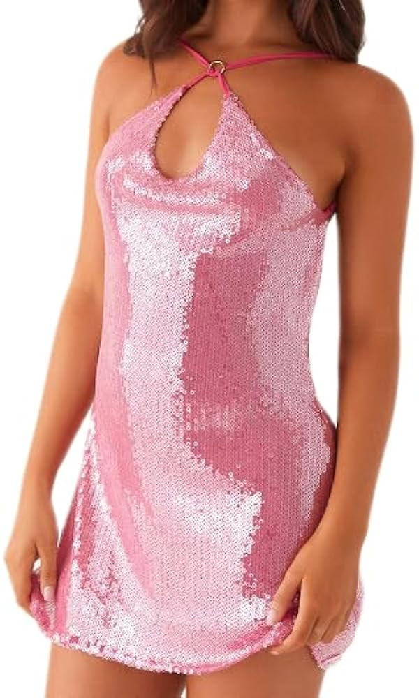 Women Sequin Halter Bodycon Mini Dress Hanging V Neck Open Back Solid Color Sparkly Dresses Cockt... | Amazon (US)