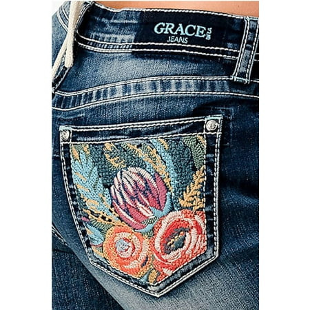 Grace in LA Women s Multicolor Floral Embroidered Raw Hem Bootcut Stretch Jeans (26 Blue) | Walmart (US)