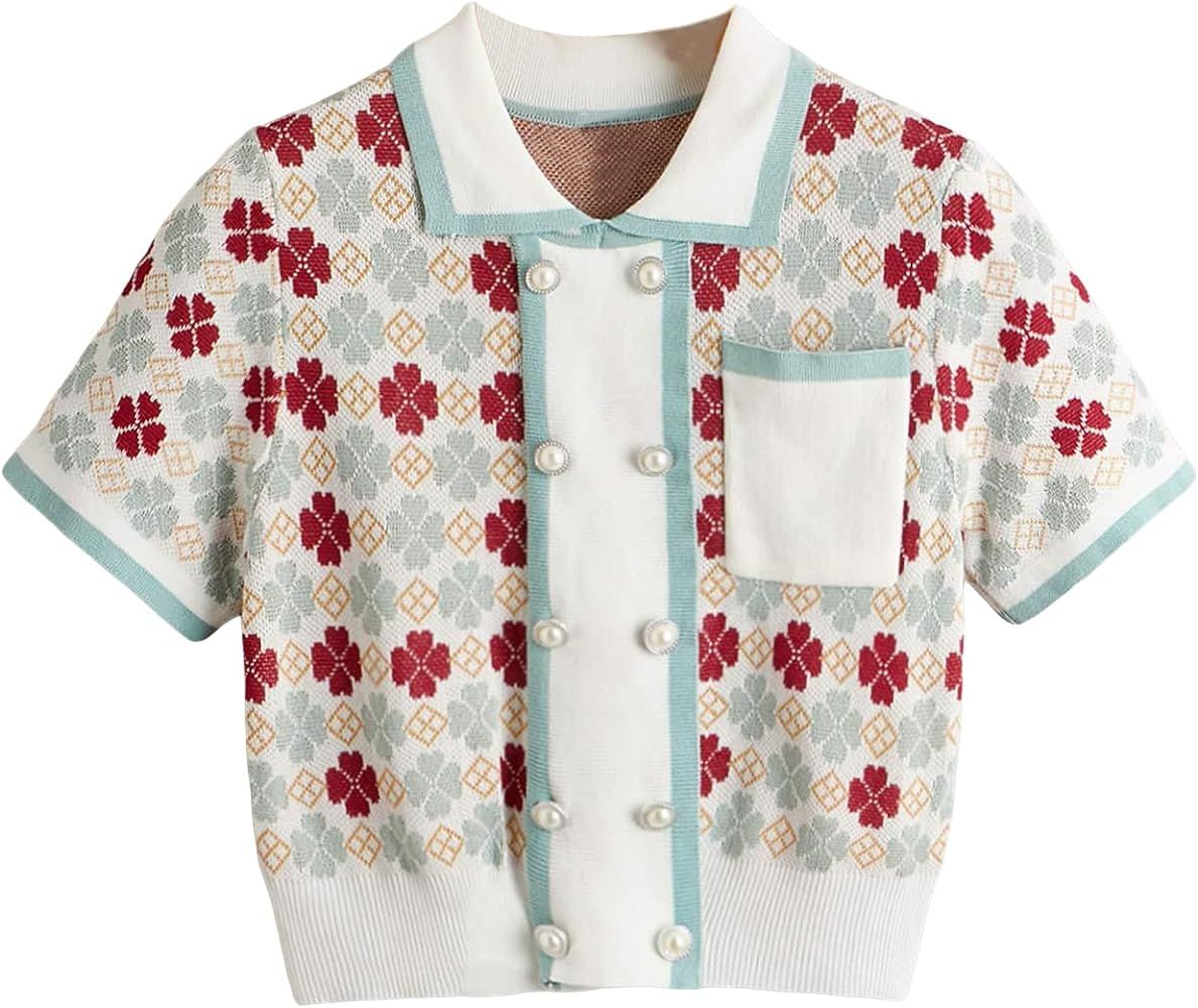Verdusa Women's Floral Print Collar Short Sleeve Button Front Knit Sweater Crop Top | Amazon (US)