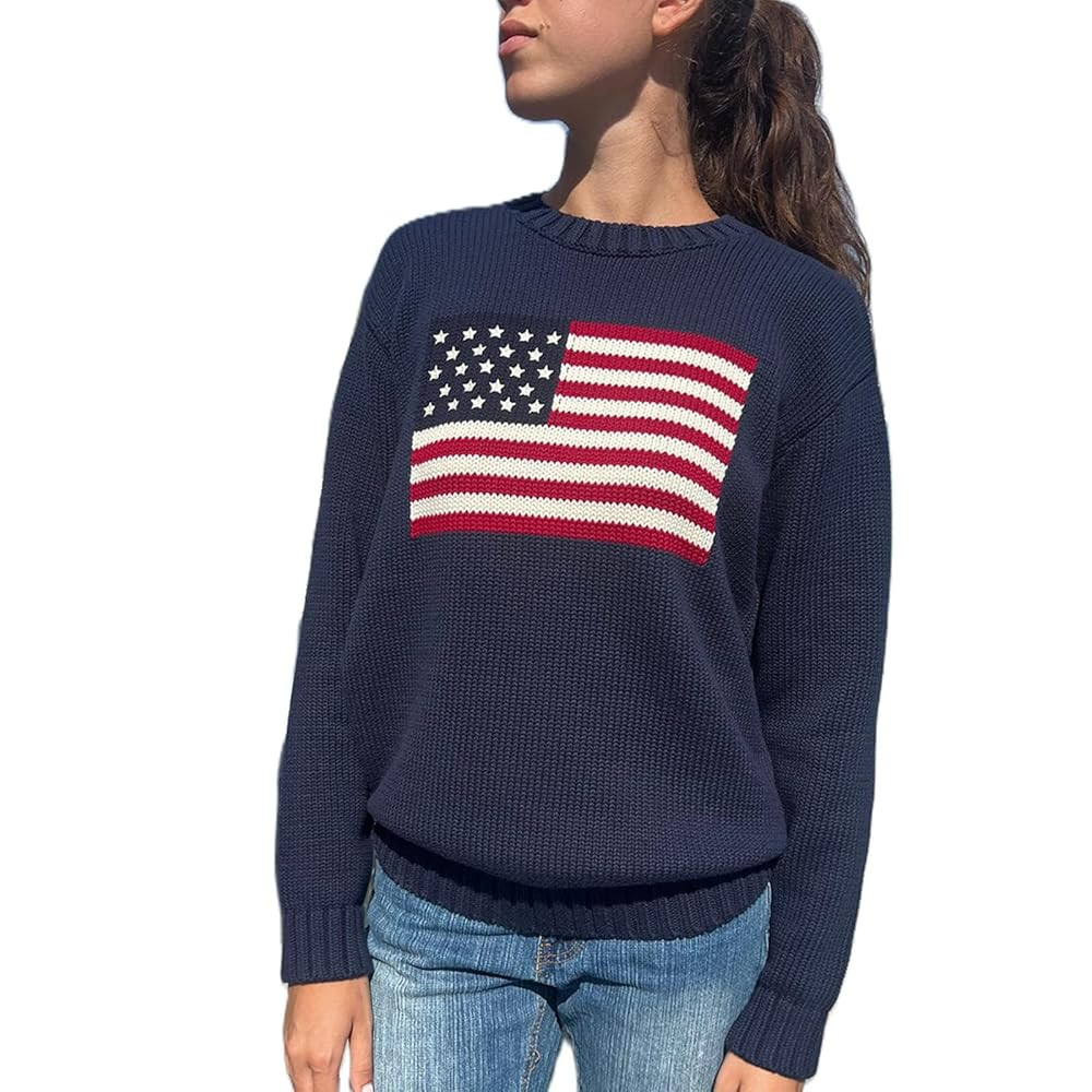 Women American Flag Sweater Long Sleeve Crew Neck Loose Fit Knit Pullover Tops USA Casual Loose P... | Amazon (US)