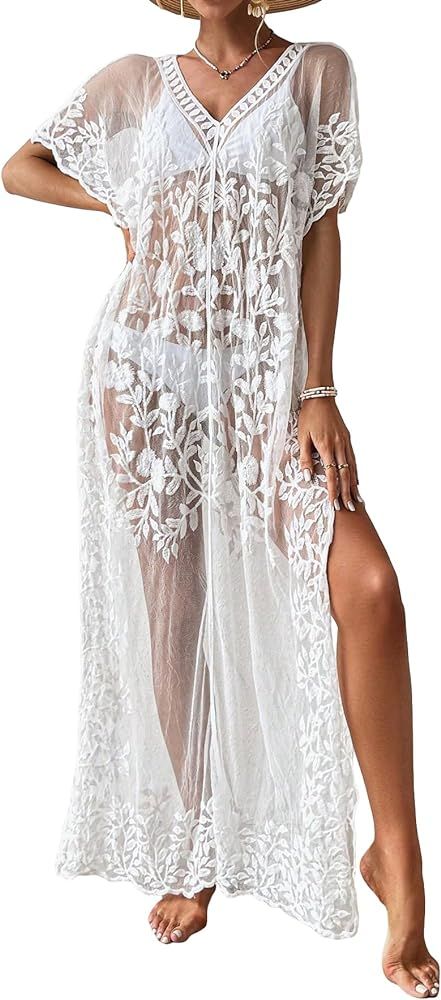 Verdusa Women's Embroidery Mesh Sheer High Split Bikini Maxi Dress Cover Up | Amazon (US)