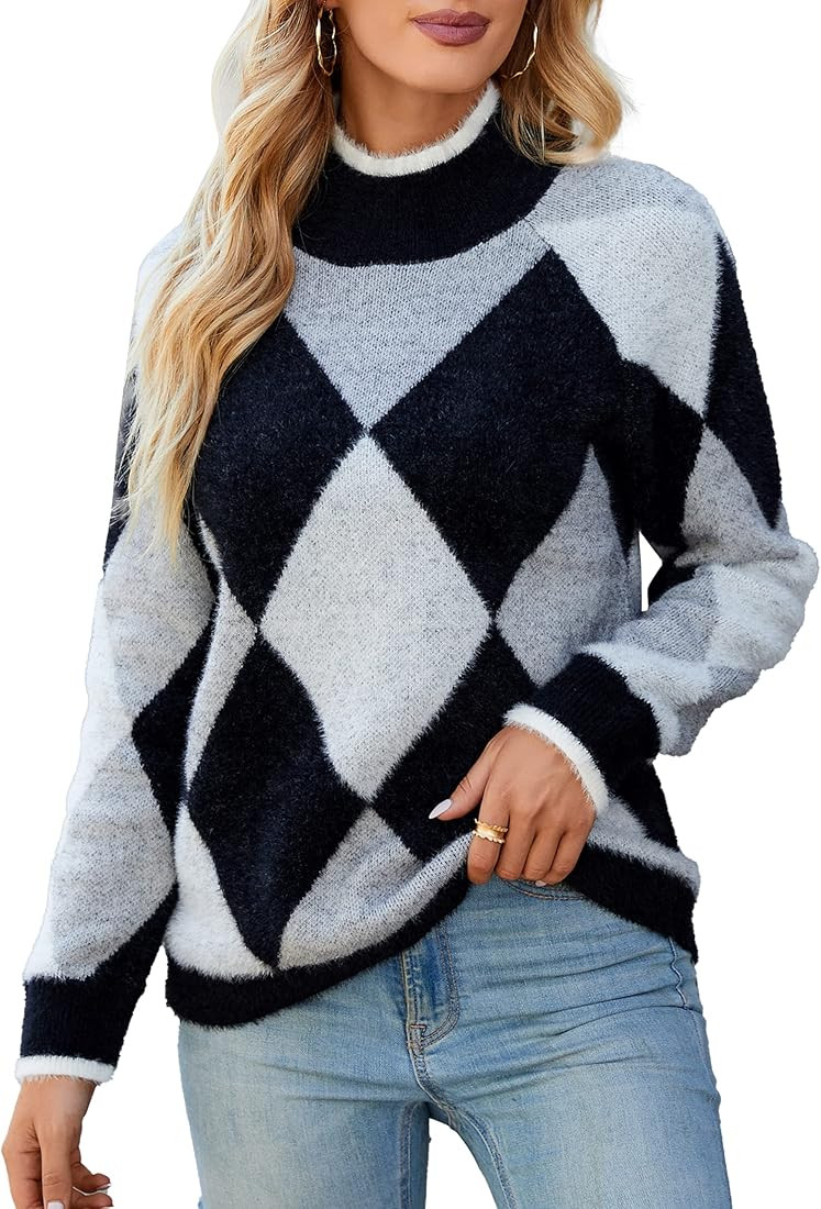 Blooming Jelly Women's Chunky Sweater Mock Turtleneck Color Block Argyle Sweaters Fall Pullover J... | Amazon (US)
