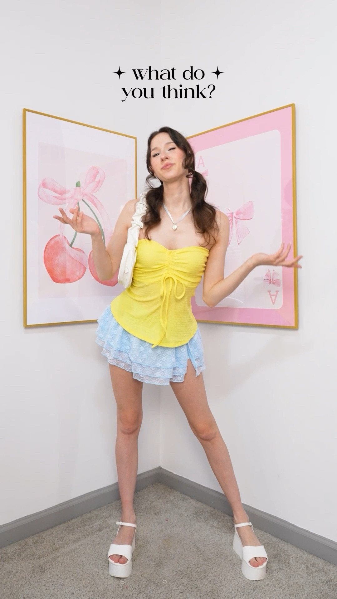 This outfit is the definition of soft girl summer ✨💛 Light, flirty, and pastel-perfect — ideal for a sunny brunch, a cute day date, or just living your main character moment out and about!

👒 Top: Bright yellow babydoll tube top from Amazon – the ruched front and flowy silhouette make it super flattering and breathable for warmer weather.
💙 Skirt: Powder blue lace tiered mini skirt from Princess Polly with delicate floral details and ruffle layers – girly, airy, and effortlessly cute.
👡 Shoes: White platform sandals to add height while keeping the look playful and balanced.
👜 Finished with a soft white shoulder bag to complete the pastel palette.

Style aesthetics:
🎀 Soft girl aesthetic
🫧 Coquette meets pastelcore
🌼 Feminine summer outfit
💫 Hypergirlie daywear
🍬 Kawaii inspired fashion

Where to wear:
☀️ Summer day outings
🧁 Cafe brunch dates
🛍️ Shopping or walking around town
📸 Aesthetic content shoots
🍓 Picnics in the park

#LTKFindsUnder100 #LTKStyleTip #LTKFindsUnder50