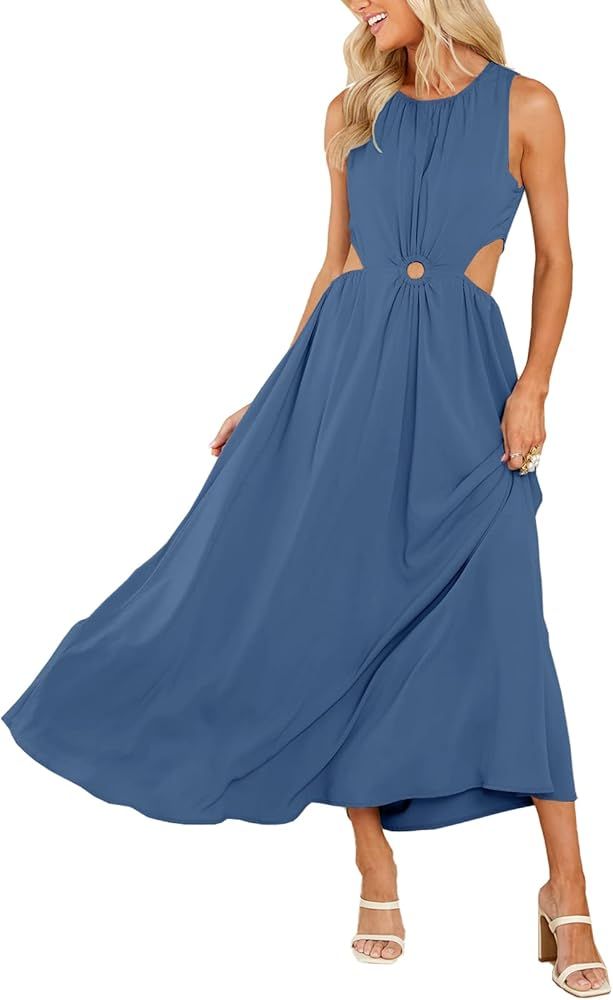 DEEP SELF Women's Summer Sleeveless Maxi Dress Crewneck O Ring Cutout Sundress High Waist Flowy A... | Amazon (US)