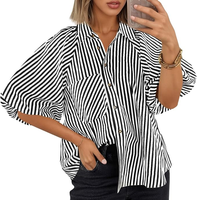 Tankaneo Womens Short Puff Sleeve Button Down Shirts Striped Trendy Casual Loose Fit Blouse V Nec... | Amazon (US)