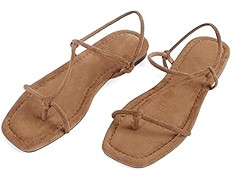 Strappy Flat Sandals for Women Comfortable Square Toe Slingback Sandals Dressy Beach Thong Flip F... | Amazon (US)