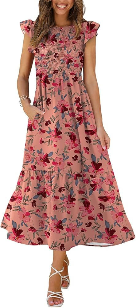 OFEEFAN Women's Casual Maxi Dresses with Pockets Ruffle Sleeve Smocked Dress XS-2XL | Amazon (US)
