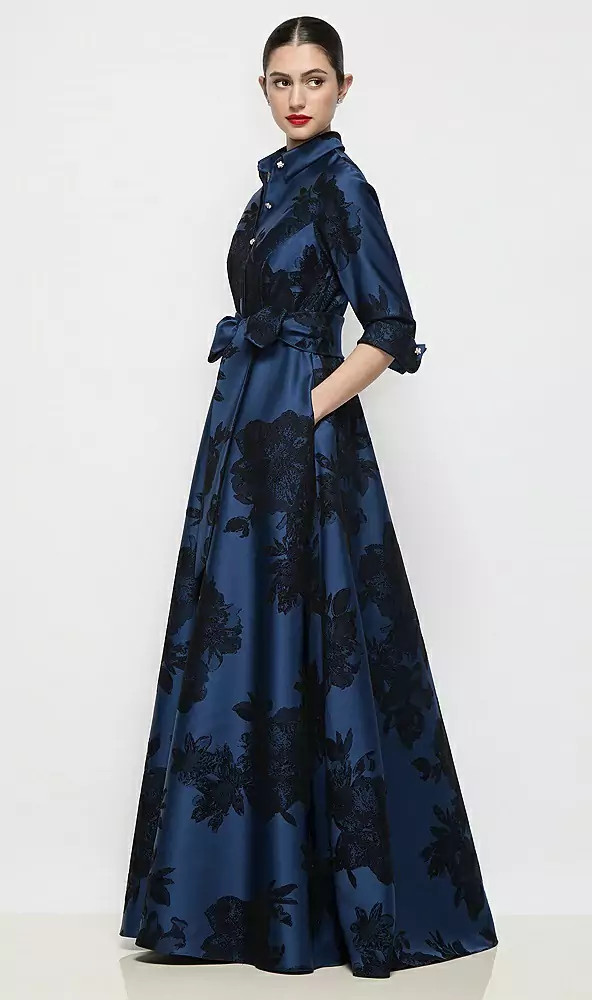 3/4 Sleeve Flocked Floral Satin Shirt Dress Gown with Sash in Soft Navy / Black | Dessy Group