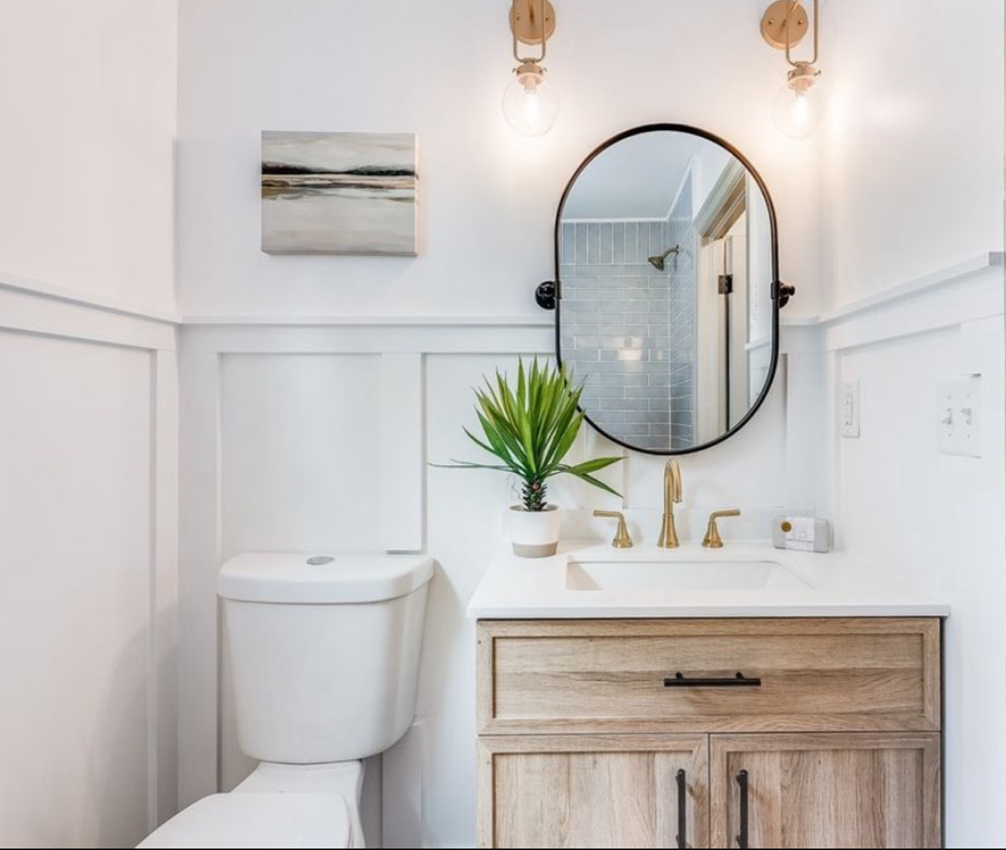 Small Bathroom Renovation 

#wayfair #wayday #lowes #LTKxWayday #bathroomvanity #woodlookvanity #30inchvanity #roundmirror #blackmirror #blackbathroommirror #vanitylights #goldvanitylight #bathroomrenovation #bathroomideas #guestbathroom #sconces #bathroomsconces 

#LTKhome