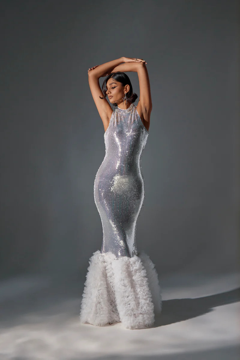 BELLE OF THE BALL SEQUIN RUFFLE MAXI DRESS IN WHITE | AKIRA