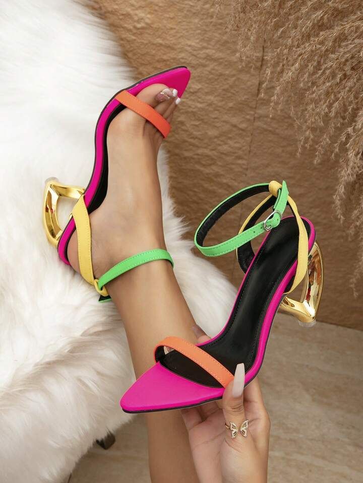 Women'S High Heels, Colorful One-Line Buckles, Fashionable And Elegant, Peach-Shaped Heel Pointed... | SHEIN