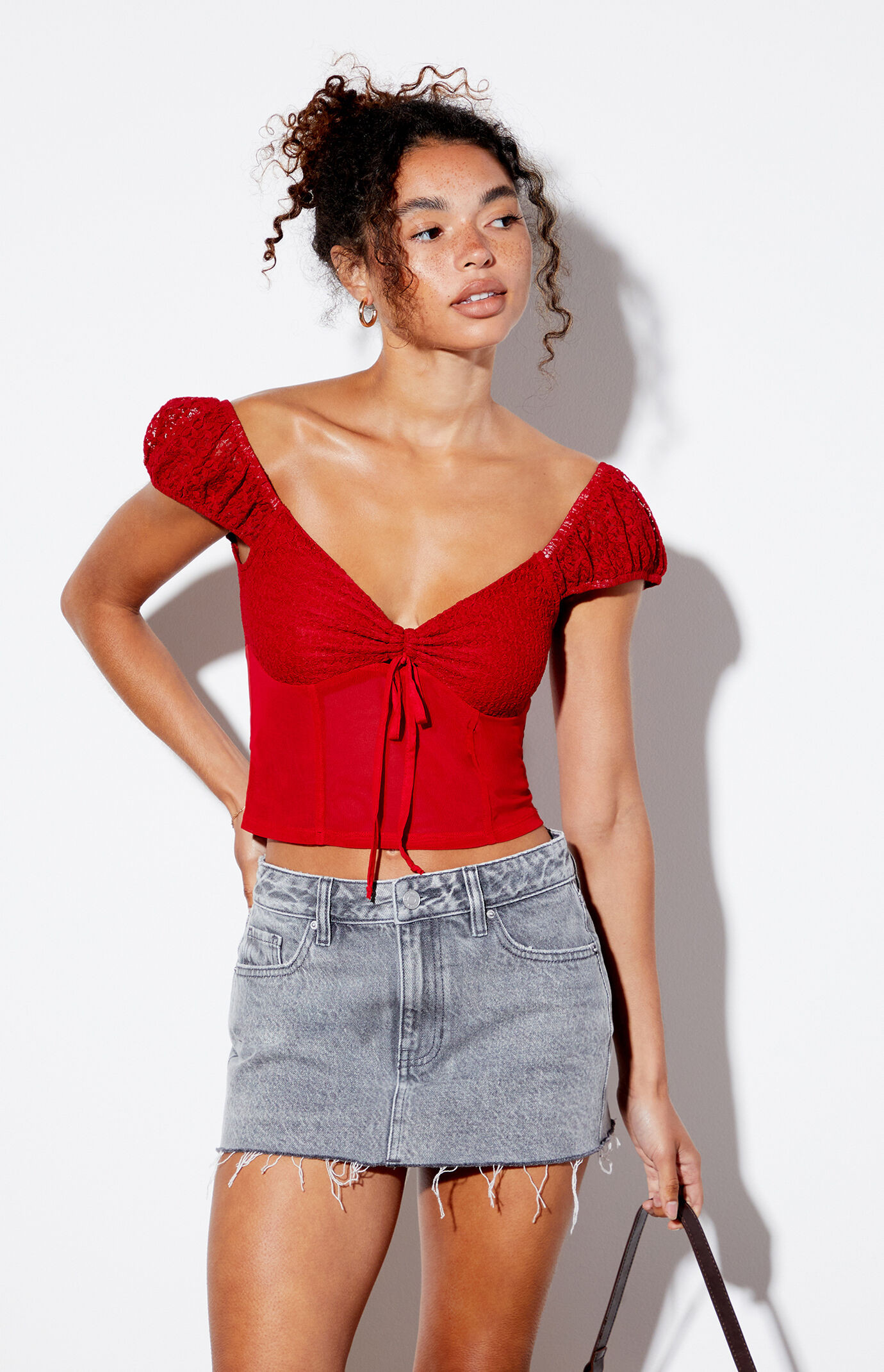 Women's Sweetheart Cinched Mesh Top in Red - Size Medium | PacSun