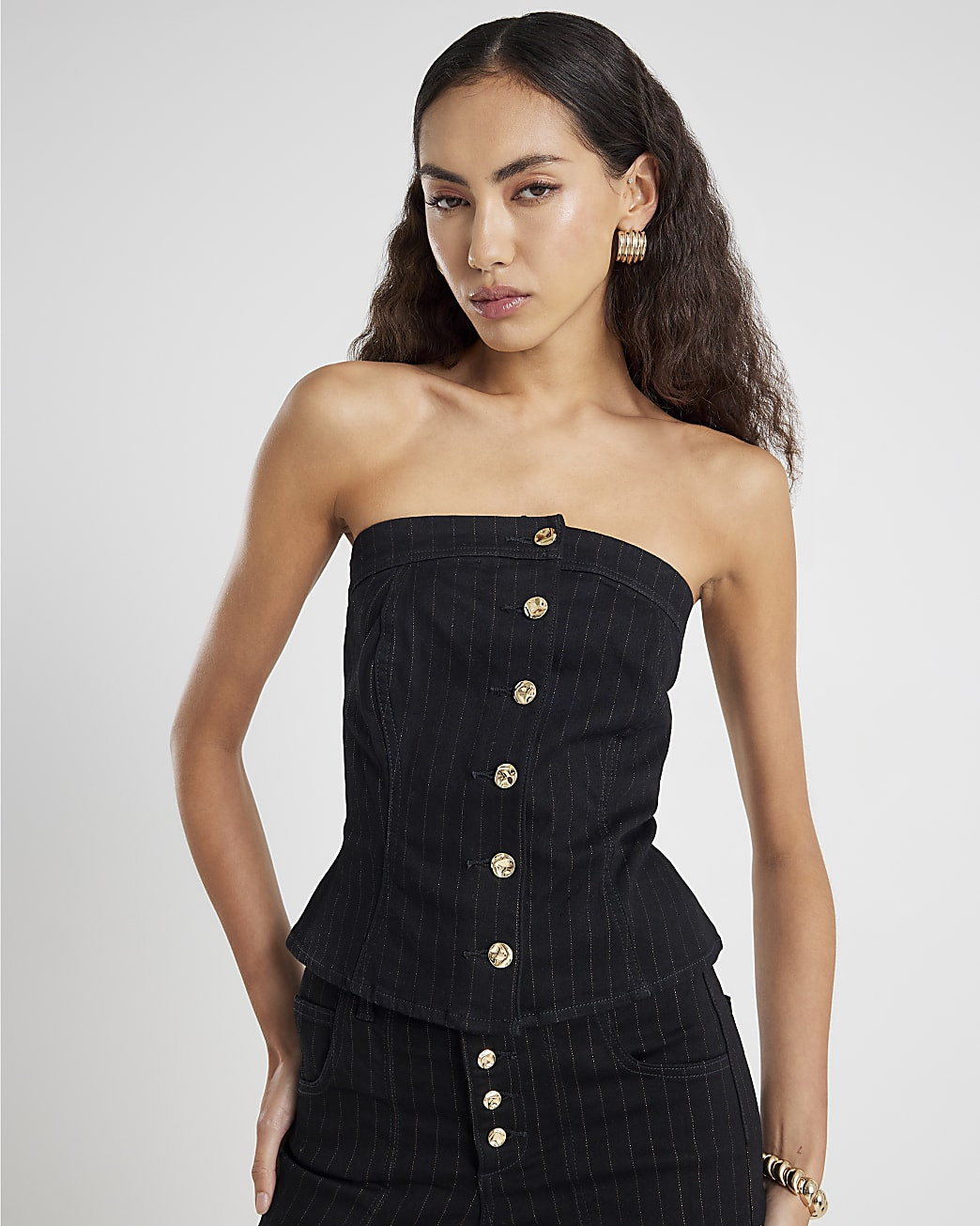 Black Denim Pinstripe Bandeau Top | River Island UK & IE