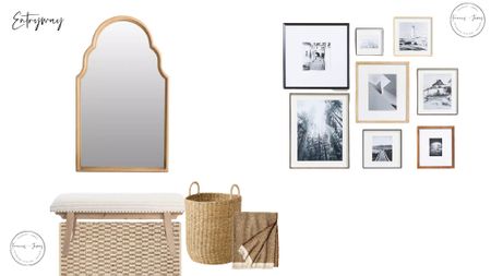 Entryway, Entryway design, bench, entry, frames, gallery wall, baskets, small bench, entryway rug, arched mirror, wooden arched mirror 

#LTKfindsunder50 #LTKhome #LTKfamily