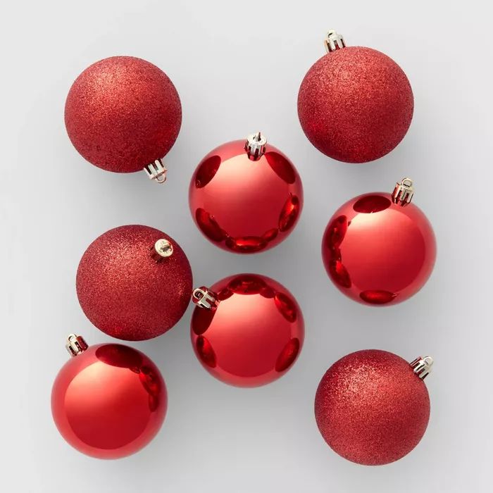 8ct 70mm Shatter Resistant Shiny Glitter Christmas Ornament Set Red - Wondershop™ | Target