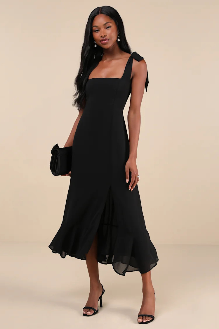 Summer Invite Black Tie-Strap Tiered Midi Dress | Lulus