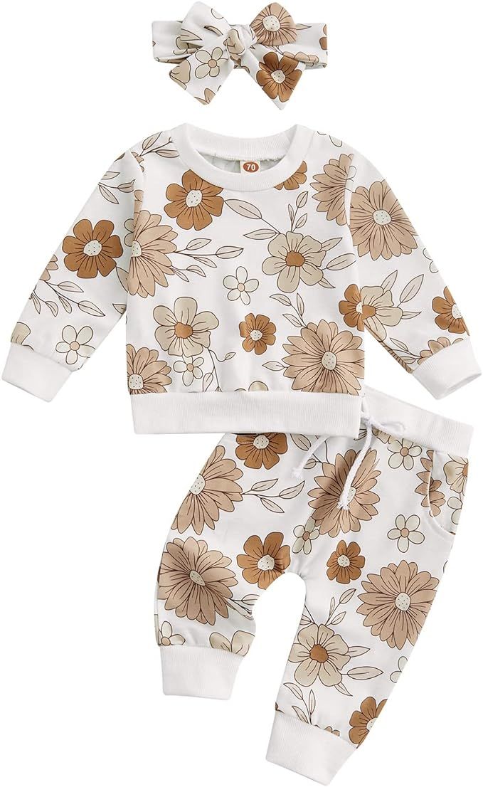 3Pcs Baby Girl Outfits Daisy Sweatshirt + Pants + Headband Infant Fall Winter Clothes | Amazon (US)