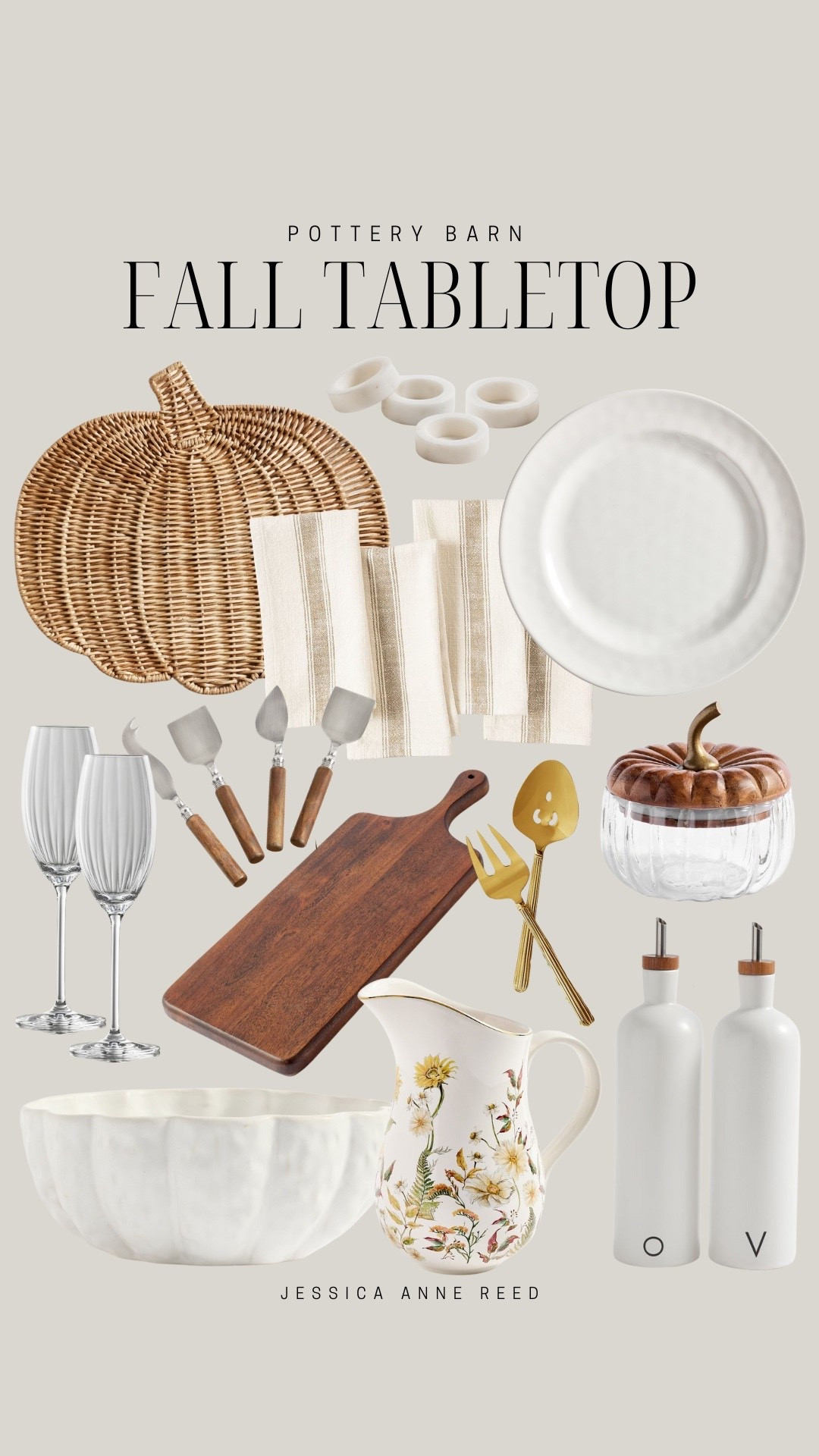 Fall tabletop from Pottery Barn includes plate, cloth napkins, napkin rings, pumpkin place mat, cheese board, pumpkin bowl, pumpkin placemat, pitcher, oil and vinegar dispensers, gold serving utensils, cheese knives, and champagne glasses.

Fall tabletop, fall decor, fall kitchen, neutral fall tabletop, neutral fall

#LTKFindsUnder100 #LTKHome #LTKStyleTip

#LTKfoodie #LTKSeasonal #LTKHome