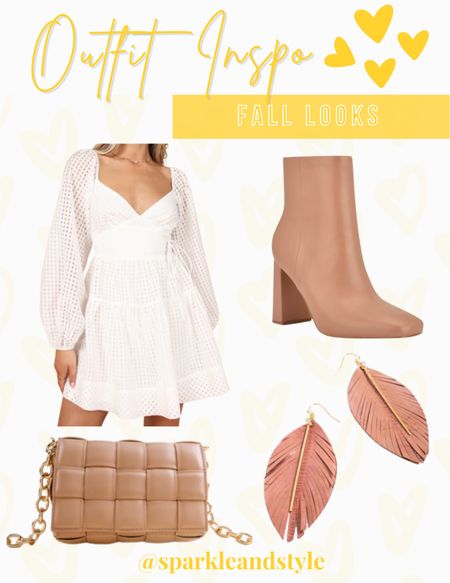 Outfit Inspo: Fall Looks 

A little white dress is a wardrobe staple and I love the square eyelet pattern and sweetheart neckline of this one! I styled it with some pinkish nude booties, mauve leaf earrings, and a tan square quilted bag! 