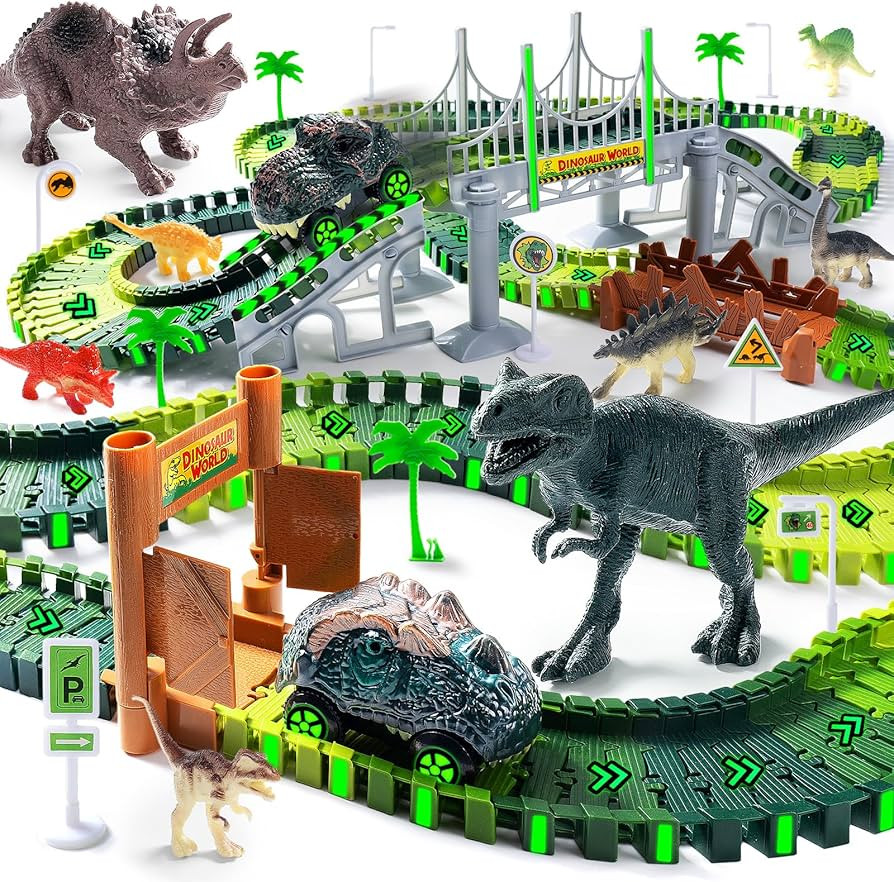 218 PCS Race Tracks Dinosaur Toys for Kids 3-5, Glow in The Dark Magic Toy Set, 2 Dinosaur Cars T... | Amazon (US)