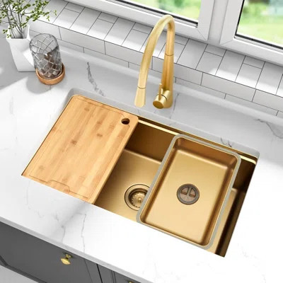 Gold Undermount Stainless Steel Kitchen Sink, Single Bowl Workstation Design With Sound Dampening And Custom Accessories | Wayfair North America