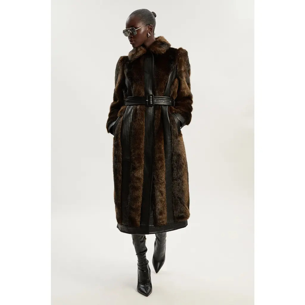 Karen Millen Petite Faux Fur Belted Midi Coat in Chocolate at Nordstrom, Size 8P | Nordstrom