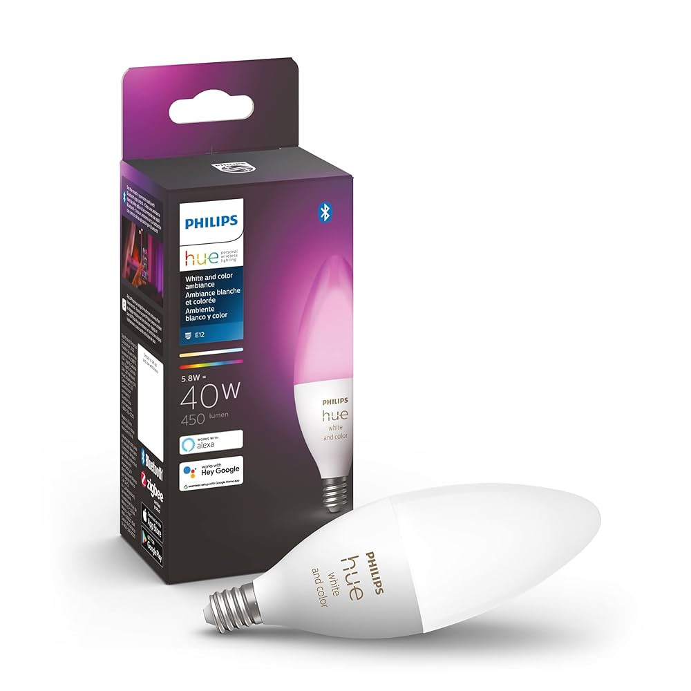 Philips Hue Smart 40W B39 Candle-Shaped LED Bulb - White and Color Ambiance Color-Changing Light ... | Amazon (US)
