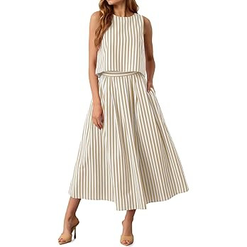 Tankaneo Womens 2 Piece Skirt Sets Summer Striped Sleeveless Tank Tops Midi Dress Travel Vacation... | Amazon (US)