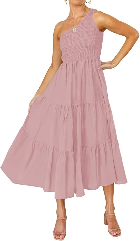 ZCSIA Women's 2023 Summer Boho One Shoulder Sleeveless Solid Color Ruffle Beach Party Tiered Midi... | Amazon (US)