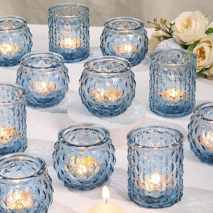 DARJEN Blue Glass Votive Candle Holders Set of 24 - Round Tea Lights for Wedding, Shower, Party &... | Amazon (US)