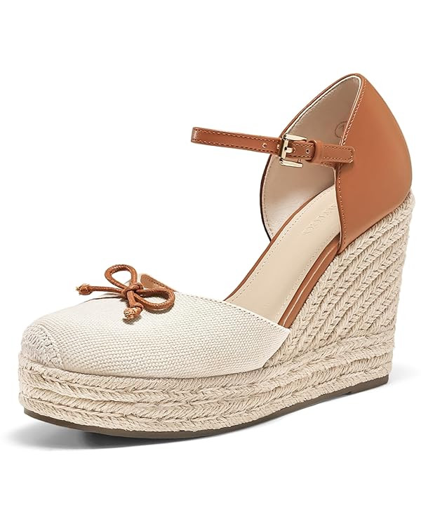 Coutgo Womens Platform Espadrilles Wedge Sandals Closed Cap Toe Bow Tie Ankle Buckle Strap Summer... | Amazon (US)
