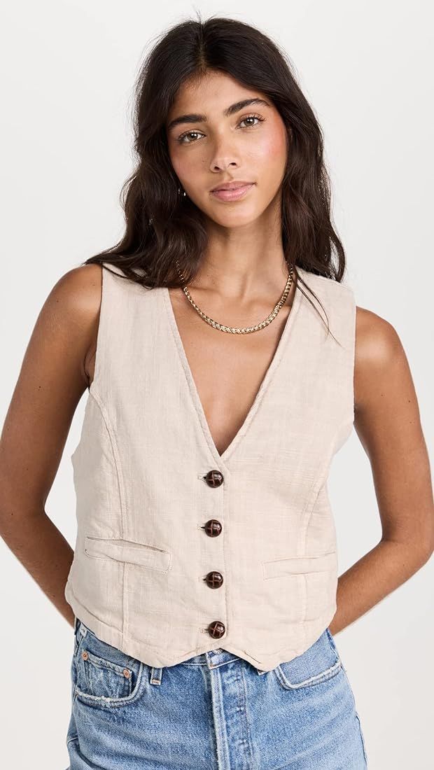Free People Women's Charley Linen Vest, Summer Khaki, Tan, XS | Amazon (US)
