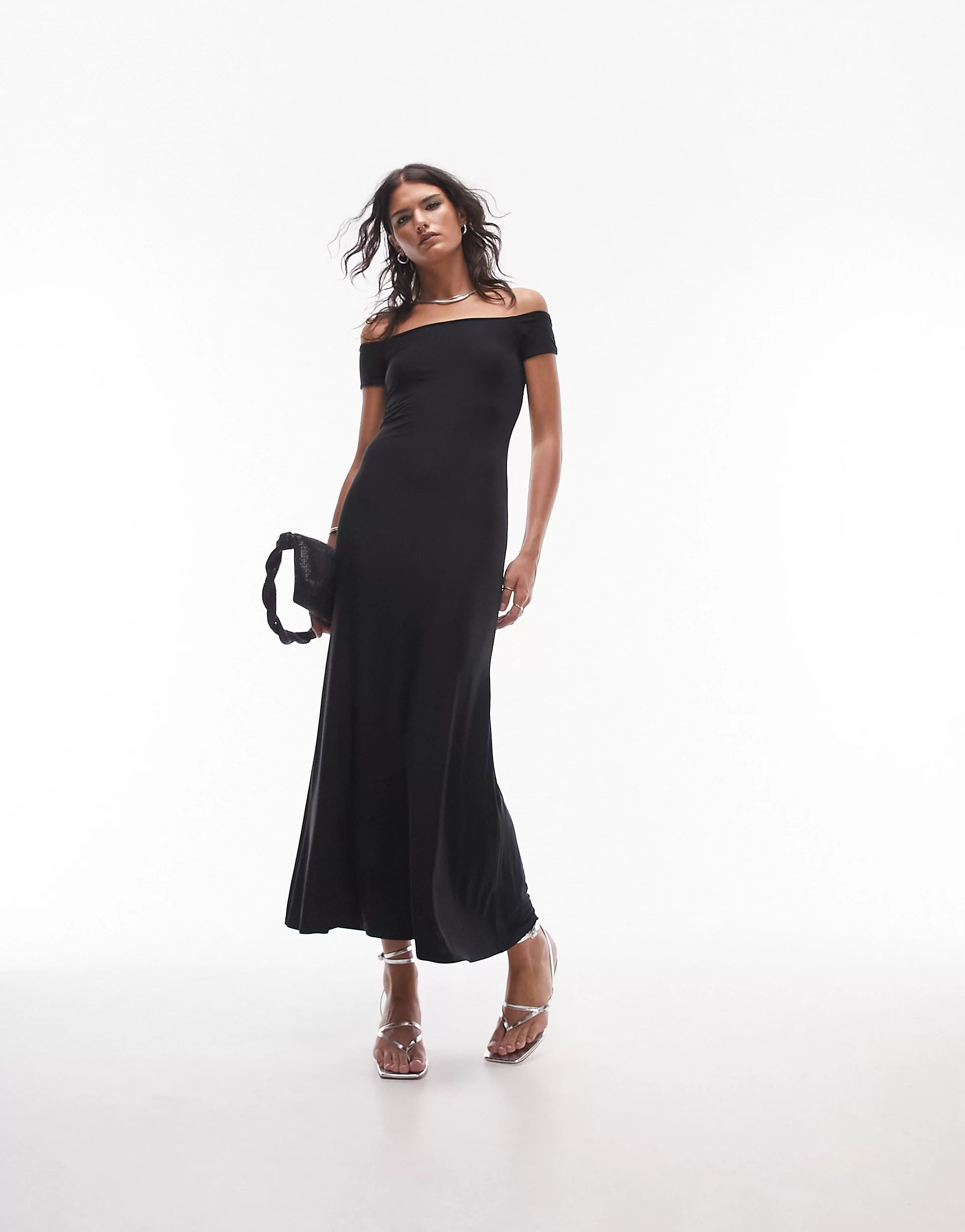 Topshop super soft shaping bardot maxi dress in black | ASOS (Global)