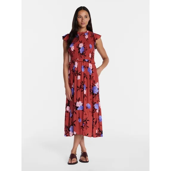 Time and Tru Women's and Women's Plus Smocked Bodice Midi Woven Dress, Sizes XS-4X | Walmart (US)