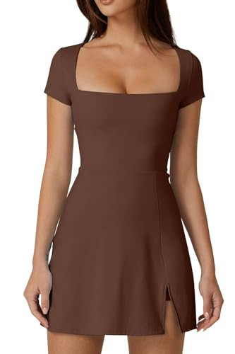 QINSEN Short Sleeve Athletic Dress for Women High Waist Side Slit Tennis Dress Built in Shorts Golf Active Dress Chestnut XL | Amazon (US)