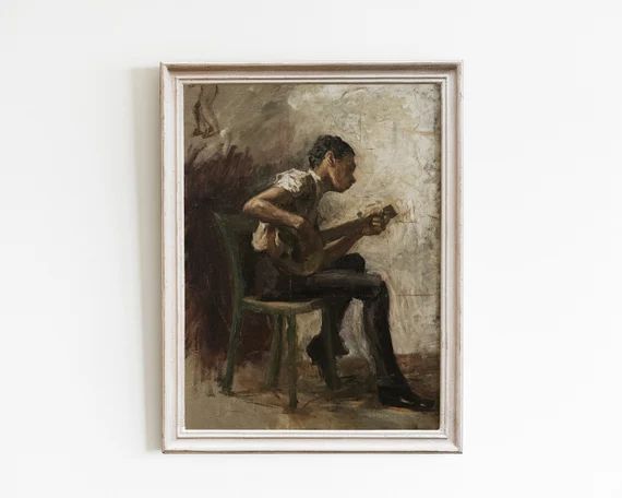 Vintage Guitar Art Neutral Wall Art Man Portrait Painting - Etsy | Etsy (US)