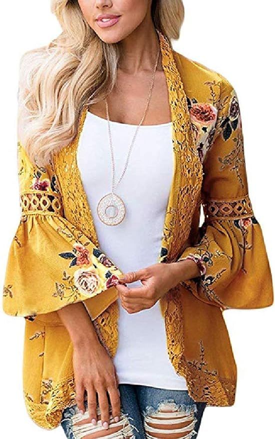 Womens Kimono Cardigans Floral Print Chiffon Beach Cover ups Loose Casual Tops | Amazon (US)