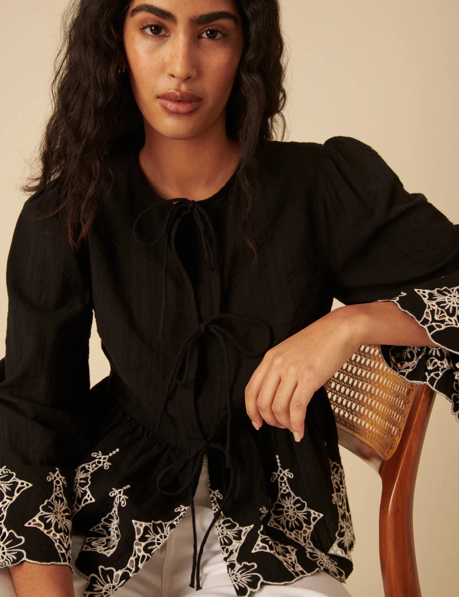 Black Tie Front Embroidered Blouse | Nobody's Child