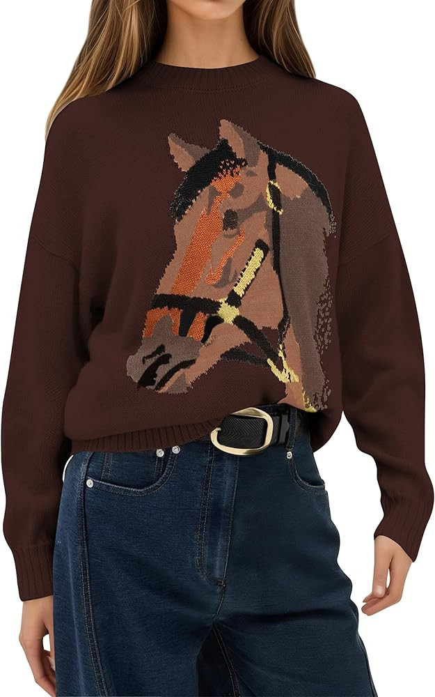Crew Neck Horse Sweater for Women Y2k Long Sleeve Sweaters Oversized Graphic Knit Pullover Fall W... | Amazon (US)