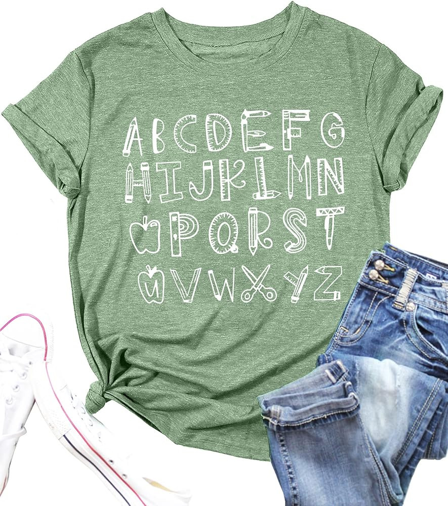 Teacher Shirt Women Alphabet Teaching Graphic Tee Tops Kindergarten Teachers Gift T-Shirts | Amazon (US)