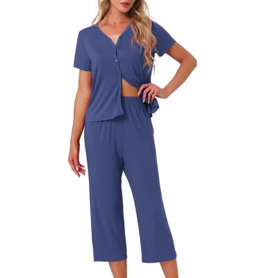 INSPIRE CHIC Womens Capri Pajamas Set Short Sleeve Button Down Sleepwear V Neck Pjs 2 Piece Lounge Set X-Small Navy | Target