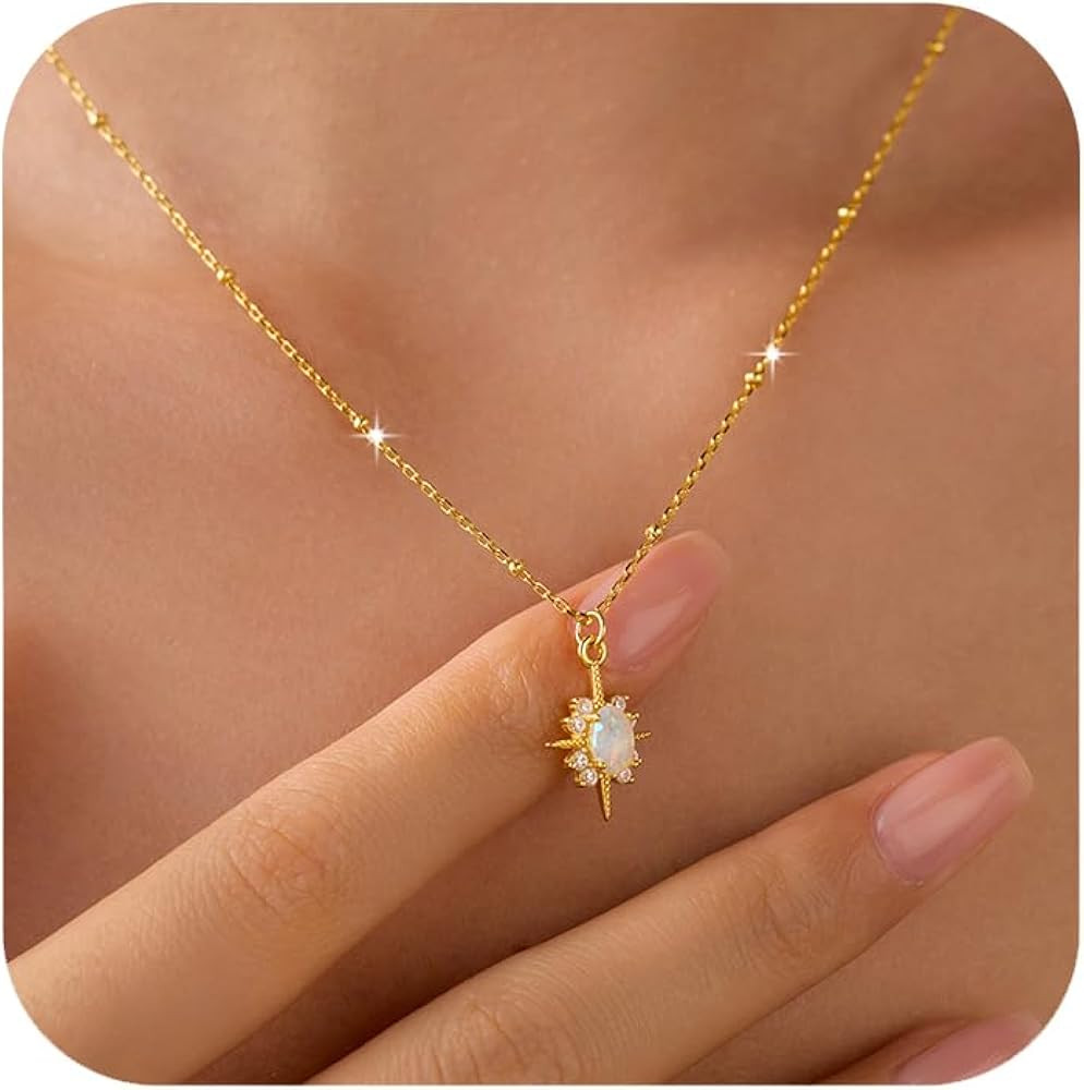 LOVECOM 925 Sterling Silver North Star Opal Necklace for Women Dainty 14K Gold Plated 12 Pointed ... | Amazon (US)