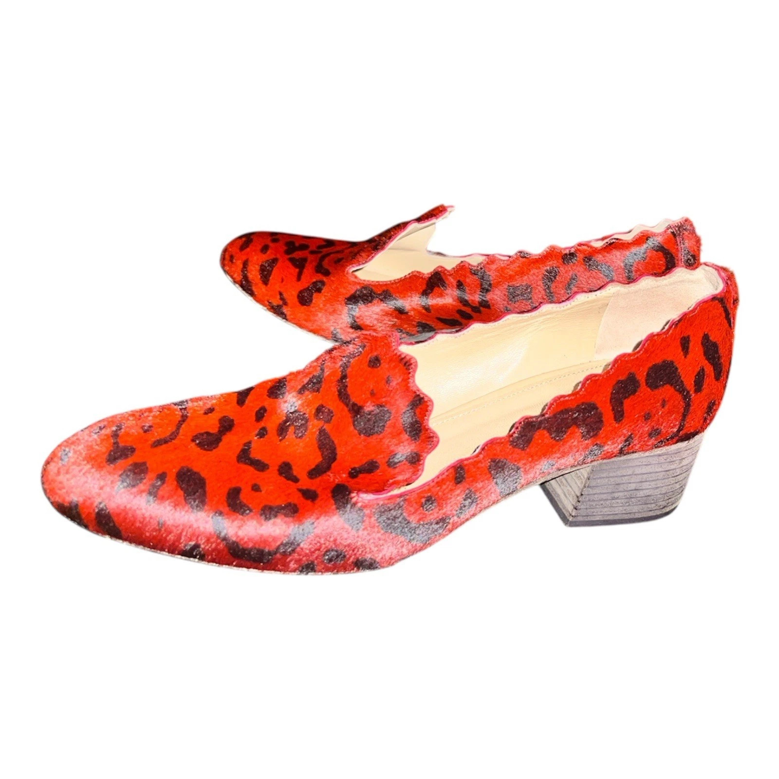 Chloe Womens Block Heel Pony Hair Spotted Scalloped Pumps Red Size 38 RARE | eBay US